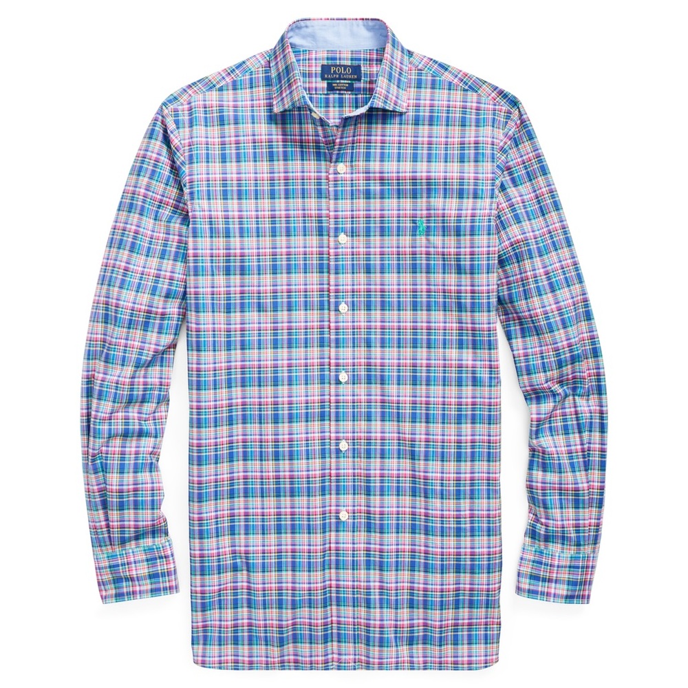 RL PLAID POPLIN SHIRT, ROYAL/PINK, M
